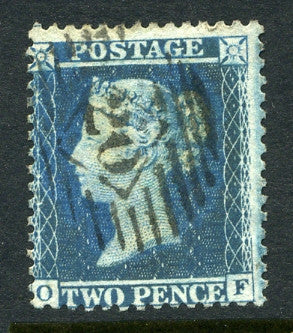 1855 2d Blue plate 5 large crown perf 14 lettered OF. A fine use example with No 20 numeral cancel.