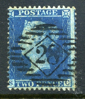 1857 2d Blue plate 6 large crown perf 14 lettered SC. A fine used example with No 28 numeral cancel.