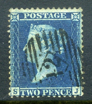 1857 2d Blue plate 6 large crown perf 14 lettered SJ. A fine used example with No 12 numeral cancel.