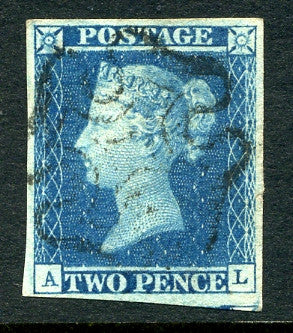 1841 2d Blue plate 3 lettered AL. A very fine used four margined example with black MC.