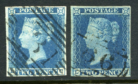 1841 2d Blues plate 3 and 4 lettered LC. A very fine used four margined matched pair with 1844 type cancels.