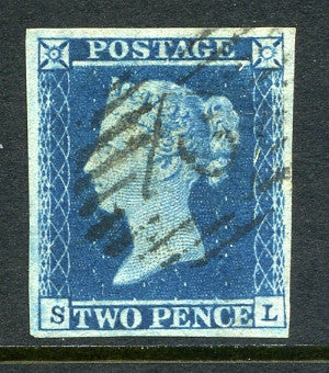 1841 2d Blue plate 4 lettered SL. A very fine used four margined example with London Inland Office numeral cancel.