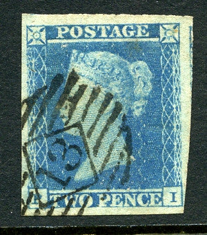 1841 2d Pale blue plate 4 lettered PI. A very fine used large margined example with light numeral cancel.