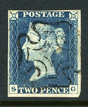 1840 2d Blue plate 1 lettered SG. A very fine used four margined example with lovely black MC.