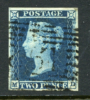 1841 2d Deep full blue plate 4 lettered MD. A fine used four margined example.