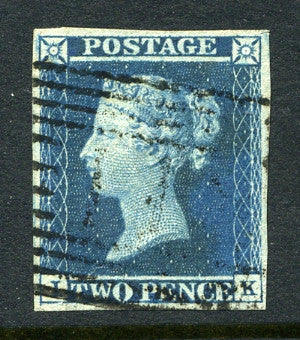1841 2d Deep full blue plate 4 lettered IK. A fine used four margined example.