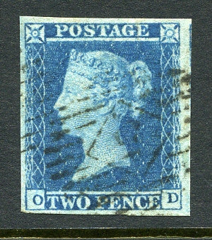 1841 2d Blue plate 4 lettered OD. A very fine used four margined example with light numeral cancel.