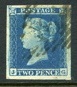 1841 2d Blue plate 4 lettered JG. A fine used huge margined example.