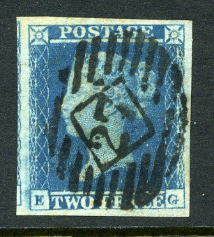1841 2d Blue plate 4 lettered EG. A very fine large margined example with No 25 numeral cancel.