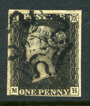 1840 1d Black plate 5 lettered MH. A very fine used four margined example with black MC.