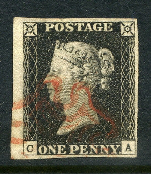 1840 1d Black plate 3 lettered CA. A superb used four margined example (part marginal at left) with red MC.