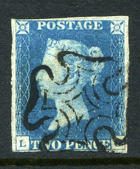 1840 2d Pale blue plate 1 lettered LC. A very fine used four margined example with crisp black MC.