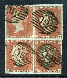 1841 1d Red-brown plate 127 lettered PE-QF. A very fine used four margined block of four with light numeral cancels.