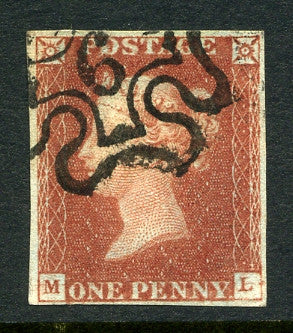 1841 1d Red-brown lettered ML. A very fine used four margined example with No. 6 in MC and excellent guide line through letter squares and value.