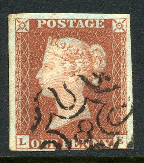 1841 1d Red-brown lettered LE. A very fine used four margined example with No. 8 in MC.