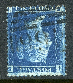 1858 2d Blue plate 9 crown watermark INVERTED lettered SI. A fine used example.