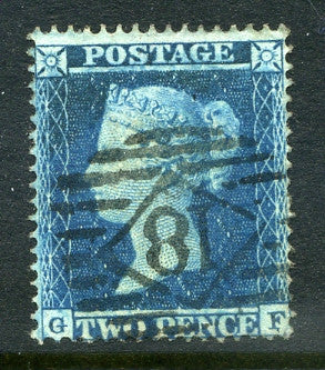 1855 2d Blue plate 5 small crown perf 16 lettered GF. A very fine used example with clean numeral cancel.