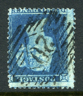 1855 2d Blue plate 5 large crown INVERTED perf 14 lettered D?. A fine used example of this scarce watermark variety!