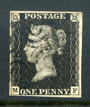 1840 1d Black plate 8 lettered MF. A very fine used four margined example with crisp black MC.