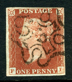 1841 1d Red-brown plate 34 lettered FI. A very fine used four margined example with No 6 in MC.