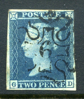 1841 2d Blue plate 3 lettered GD. A fine used four margined example with good No 6 in MC. Small faults.