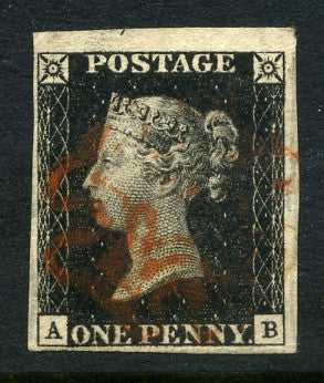 1840 1d Black plate 1b lettered AB. A superb used good to huge margined example with red MC.