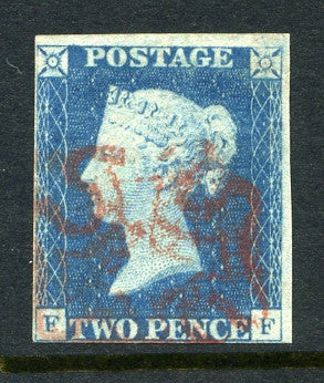 1840 2d Pale blue plate 1 lettered FF. A very fine clear to good margined example with red MC.
