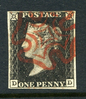 1840 1d Black plate 1a lettered DD. A very fine used four margined example with outstanding red MC.