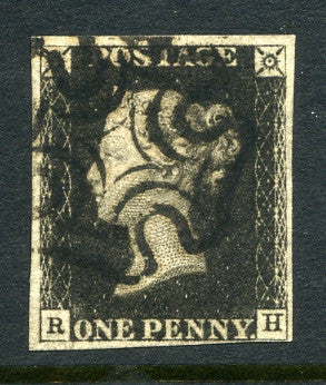 1840 1d Black plate 6 lettered RH. A very fine used four margined example with crisp black MC.