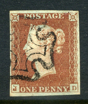 1840 1d Red-brown plate 24 lettered JD. A very fine used four margined example with black MC.