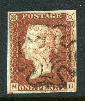 1840 1d Red-brown plate 25 lettered MH. A very fine used four margined example with black MC.