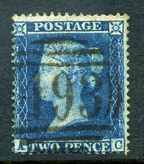 1858 2d Blue plate 6 large crown perf 16 lettered AC. A very fine used example with lovely 493 numeral.