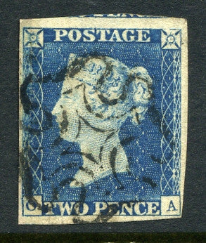 1840 2d Blue plate 1 lettered OA. A superb good to huge margined example with clean black MC.
