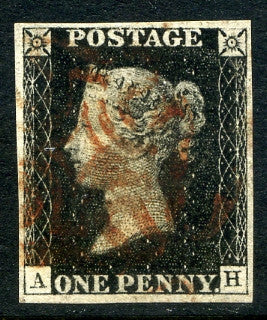 1840 1d Black plate 5 lettered AH. A very fine used four margined example with red MC.