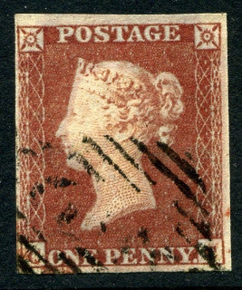 1841 1d Red-brown plate 129 lettered CC. A superb used four margined example on thicker &quot;lavender tinted paper&quot; and light numeral cancel.