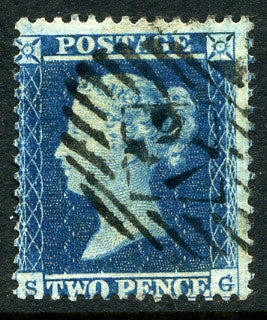 1855 2d Blue plate 4 small crown perf 14 lettered SG. A fine used example with London 27 numeral cancel.