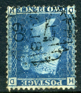 1858 2d Blue plate 8 WATERMARK INVERTED lettered DH. A very fine used example with light Duplex cancel.