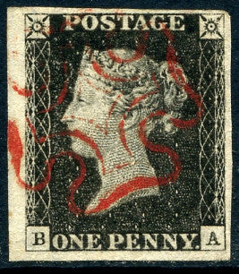 1840 1d Black plate 1b lettered BA. A superb used good to huge margined example with marginal watermark and outstanding bright red MC.