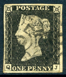 1840 1d Black plate 3 lettered QJ. A very fine used four margined example with light strike of black MC.