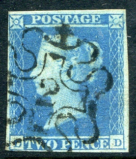 1841 2d Blue plate 3 lettered DD. A very fine used four margined example with excellent upright No 2 in MC. Scarce!