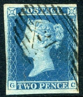 1841 2d Blue plate 4 lettered GC. A very fine four margined example with light numeral cancel.