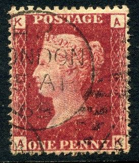 1858-79 1d Rose-red plate 110 lettered AK. A fine used example with part &quot;London&quot; CDS dated April, 1869..