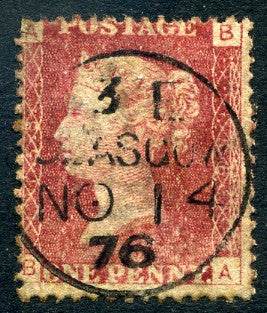 1858-79 1d Rose-red plate 158 lettered BA. A fine used example with &quot;Glasgow&quot; CDS dated 14th November, 1876.