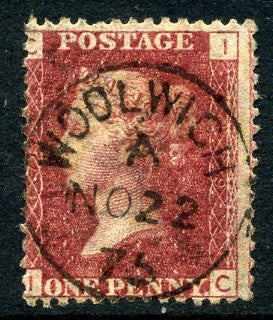 1858-79 1d Rose-red plate 179 lettered IC. A very fine used example with &quot;Woolwich&quot; CDS dated 22nd November, 1875.