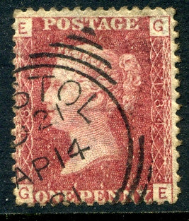 1858-79 1d Rose-red plate 184 lettered GE. A very fine used example with "Bristol" squared circle dated 14th April, 1881.