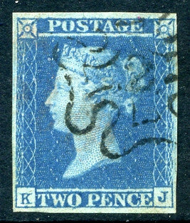 1841 2d Blue plate 3 lettered KJ. A superb used four margined example with lovely No 2 in MC.