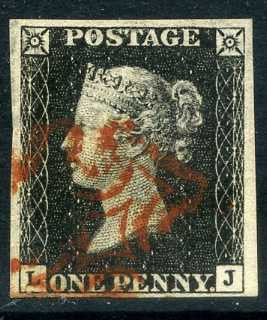 1840 1d Black plate 4 lettered LJ. A very fine used four margined example with lovely red MC.