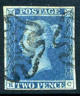 1841 2d Blue plate 3 lettered RC. A very fine used four margined example with black MC.