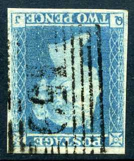 1841 2d Pale blue plate 4 WATERMARK INVERTED lettered QJ. A very fine used four margined example of this scarce variety with Scottish 159 numeral cancel. Beautiful colour!