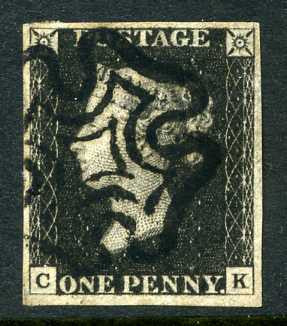 1840 1d Intense black plate 2 lettered CK. A superb used four margined example with outstanding black MC.